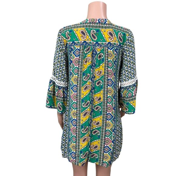 Umgee Womens Boho Tunic Dress SZ M Paisley Multicolor 3/4 Bell Sleeves V-Neck - Picture 2 of 16